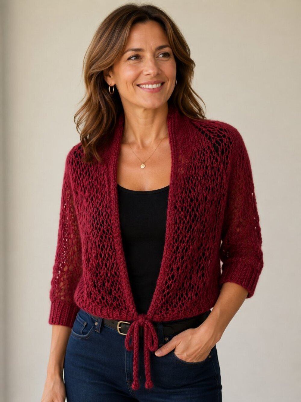 Open-Knit Tie-Front Women's Sweater Cardigan in Burgundy